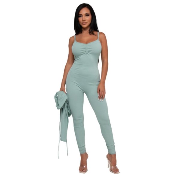 Women's Mint Green 2-Piece Spaghetti Strap Jumpsuit and Jacket Set LARGE - Picture 4 of 5